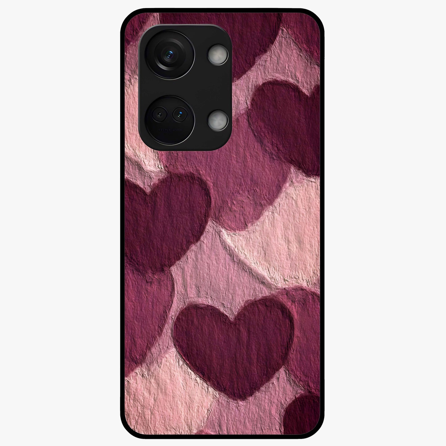 Layered Paper Hearts Glass Case for 1+Nord 3 charming front view featuring dimensional paper style heart artwork