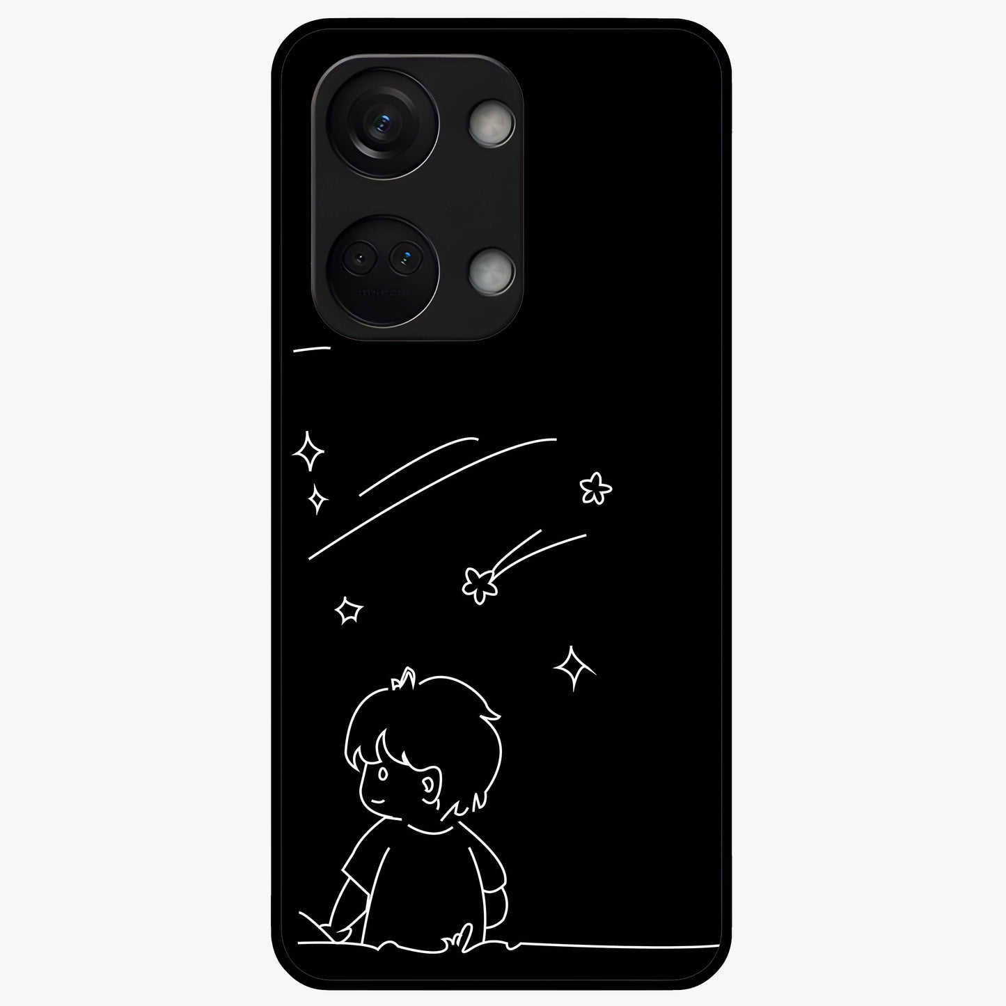 Line Art Boy With Shooting Stars Glass Case for 1+Nord 3 artistic front view featuring minimal line art character with star accents