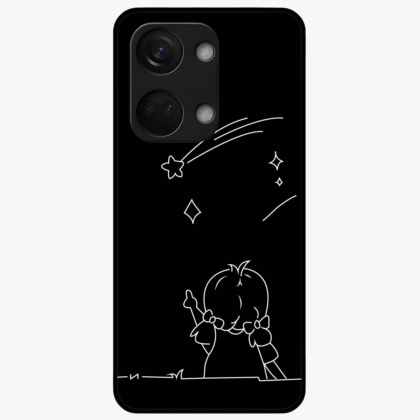 Line Art Girl With Shooting Stars Glass Case for 1+Nord 3 elegant front view featuring minimal line art character with shooting stars