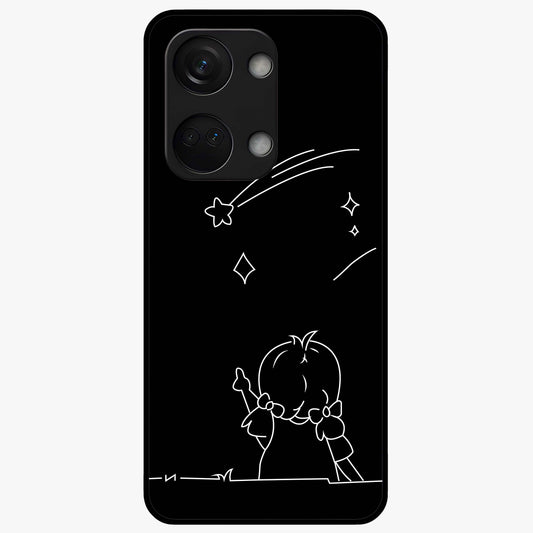 Line Art Girl With Shooting Stars Glass Case for 1+Nord 3 elegant front view featuring minimal line art character with shooting stars