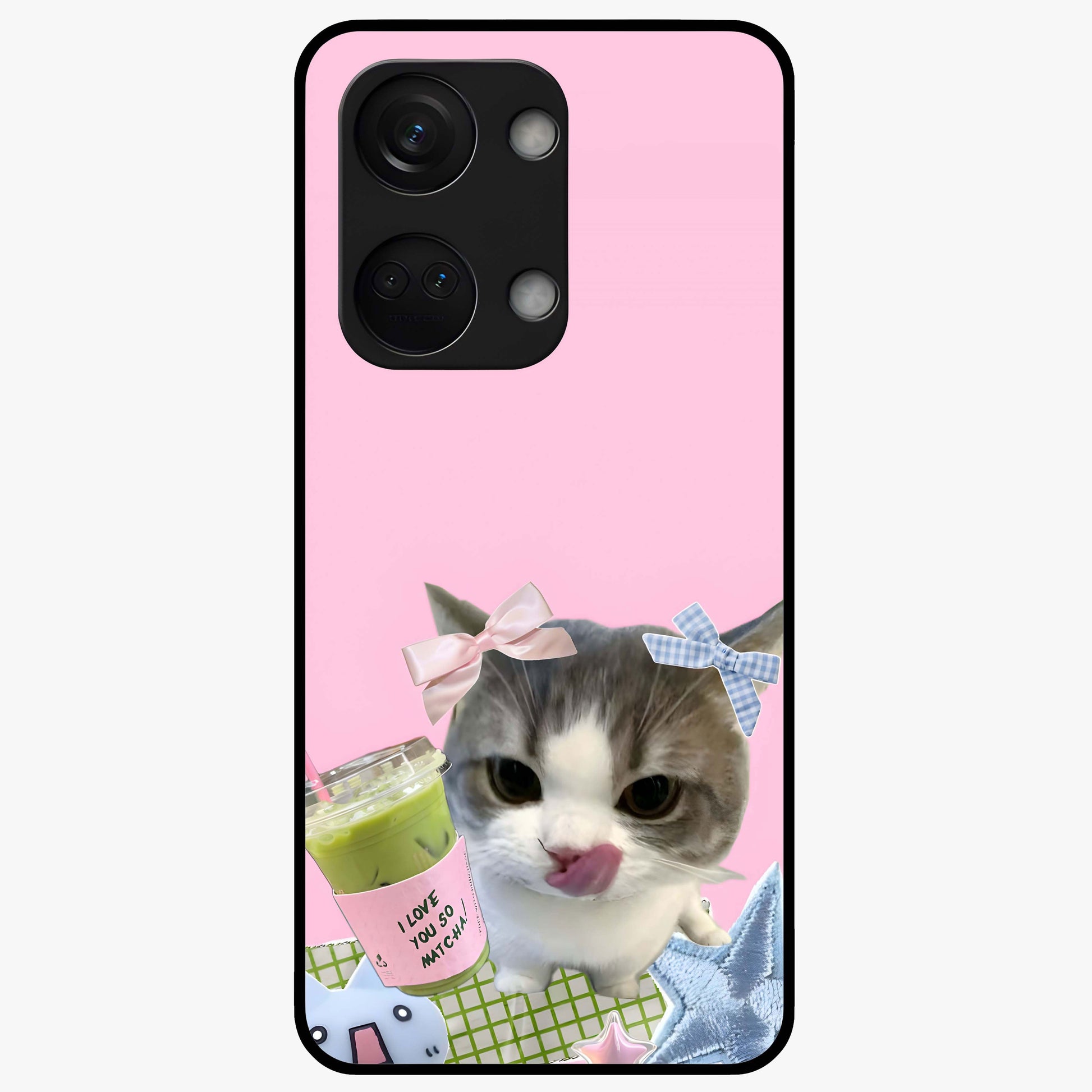 Love Matcha Cat Glass Case for 1+Nord 3 adorable front view featuring cute cat artwork with matcha theme