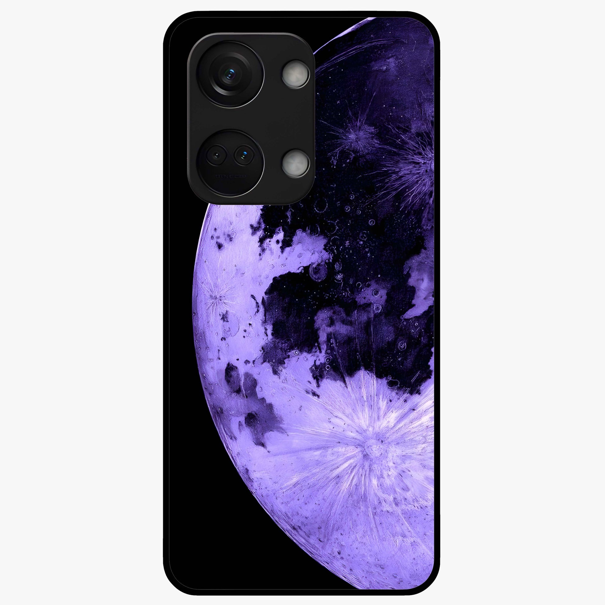 Lunar Glow in Violet Glass Case for 1+Nord 3 dreamy front view featuring glowing moon artwork in violet tones