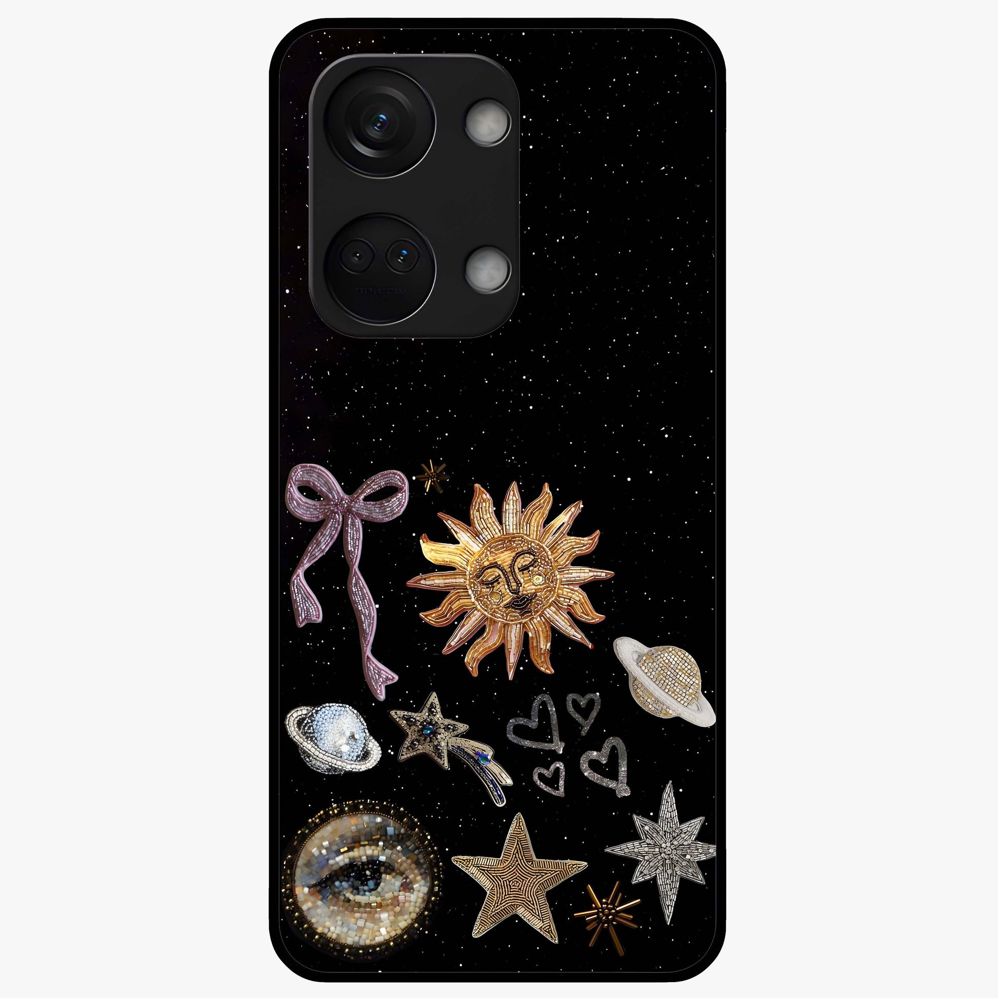 Magical Jewelry Vibe Glass Case for 1+Nord 3 glamorous front view featuring jewel inspired artistic artwork