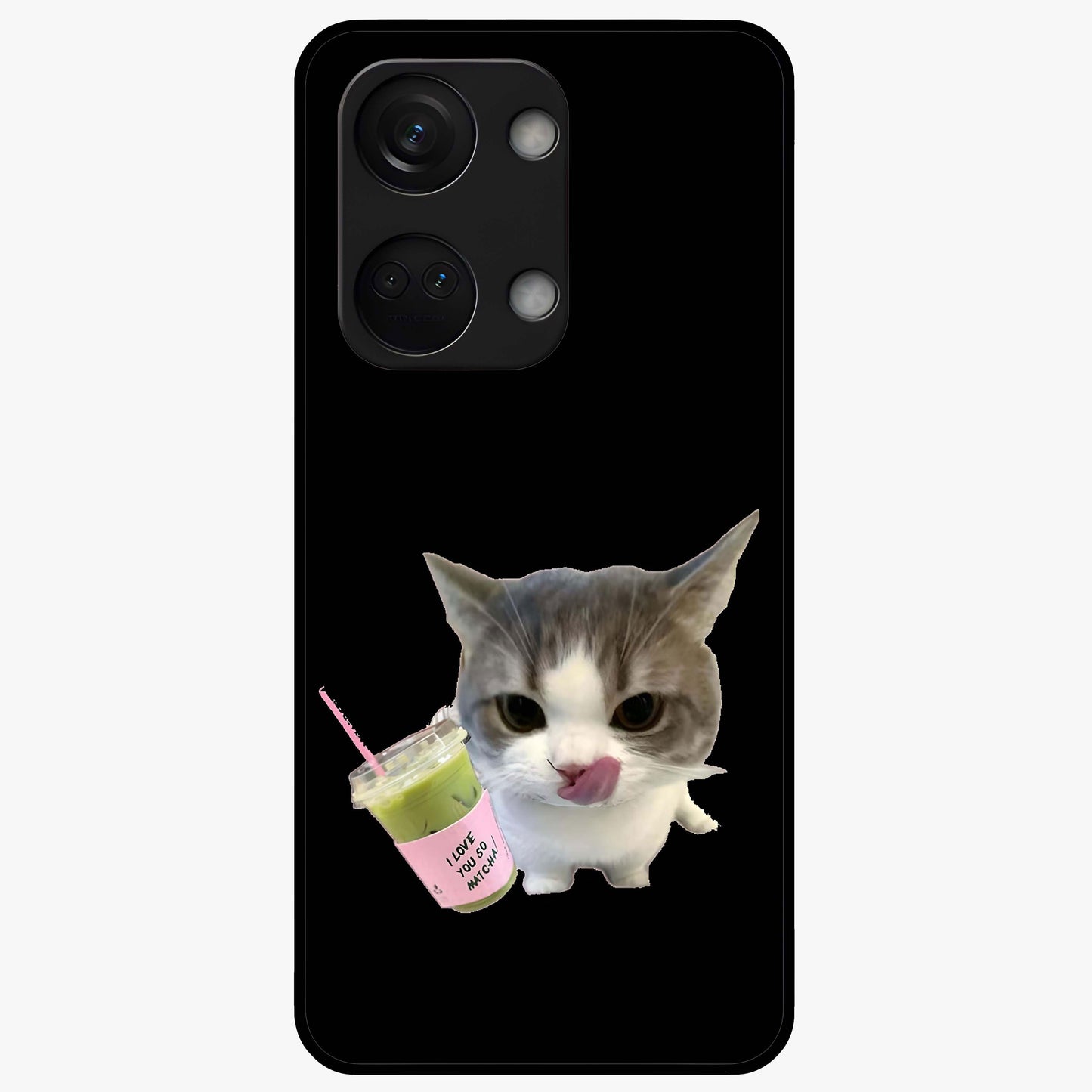Matcha Cat Style Glass Case for 1+Nord 3 adorable front view featuring cute cat artwork in matcha green tones
