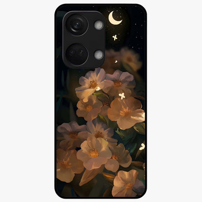 Midnight Bloom Trail Glass Case for 1+Nord 3 artistic front view featuring flowing floral trail artwork in dark tones