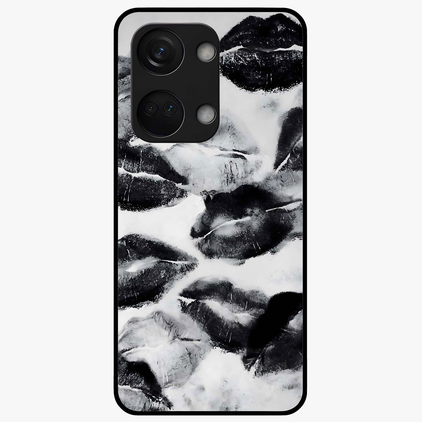 Midnight Kiss Marks Glass Case for 1+Nord 3 bold front view featuring romantic kiss mark artwork on dark background