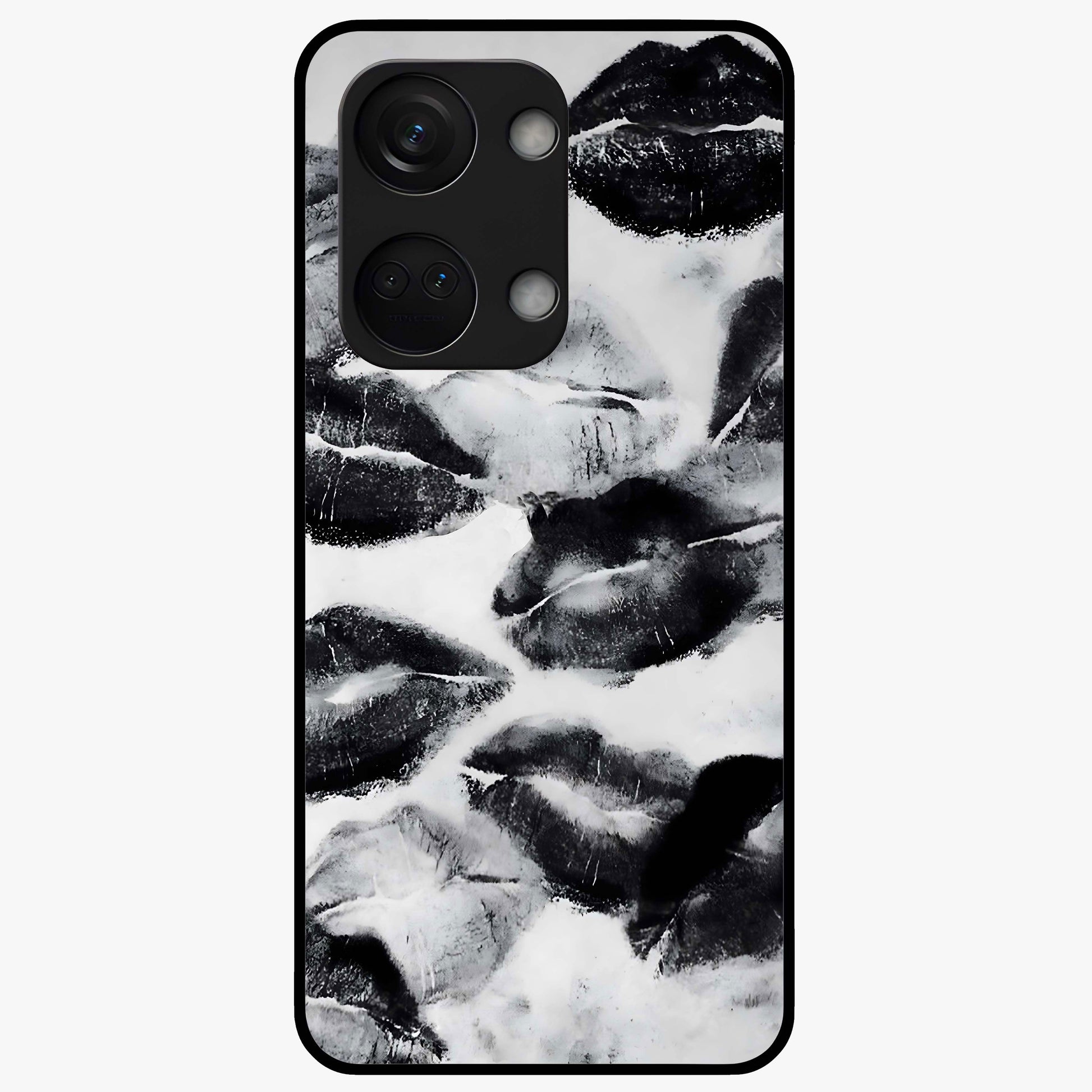 Midnight Kiss Marks Glass Case for 1+Nord 3 bold front view featuring romantic kiss mark artwork on dark background