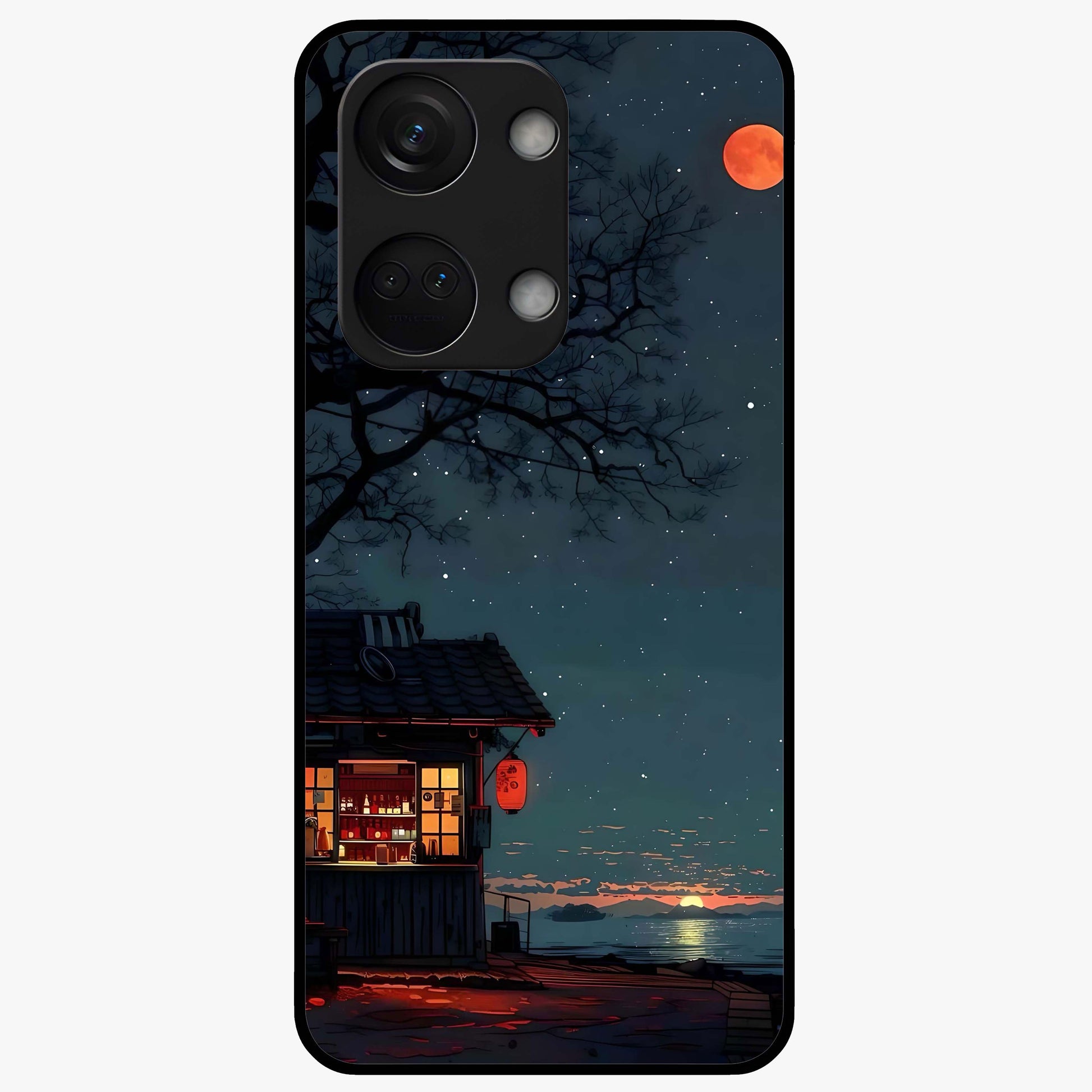 Midnight Lantern Glow Glass Case for 1+Nord 3 serene front view featuring glowing lantern artwork under night sky