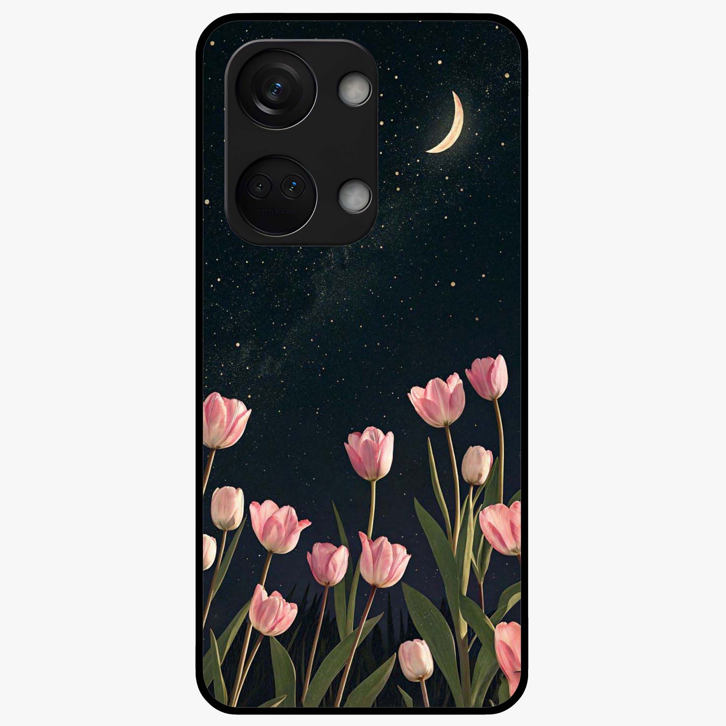 Midnight Tulip Whispers Vibe Glass Case for 1+Nord 3 elegant front view featuring tulip floral artwork on dark background