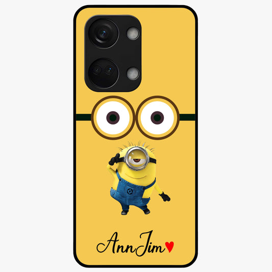 Minion Custom Name Glass Case for 1+Nord 3 playful front view featuring cartoon inspired artwork with personalized name design