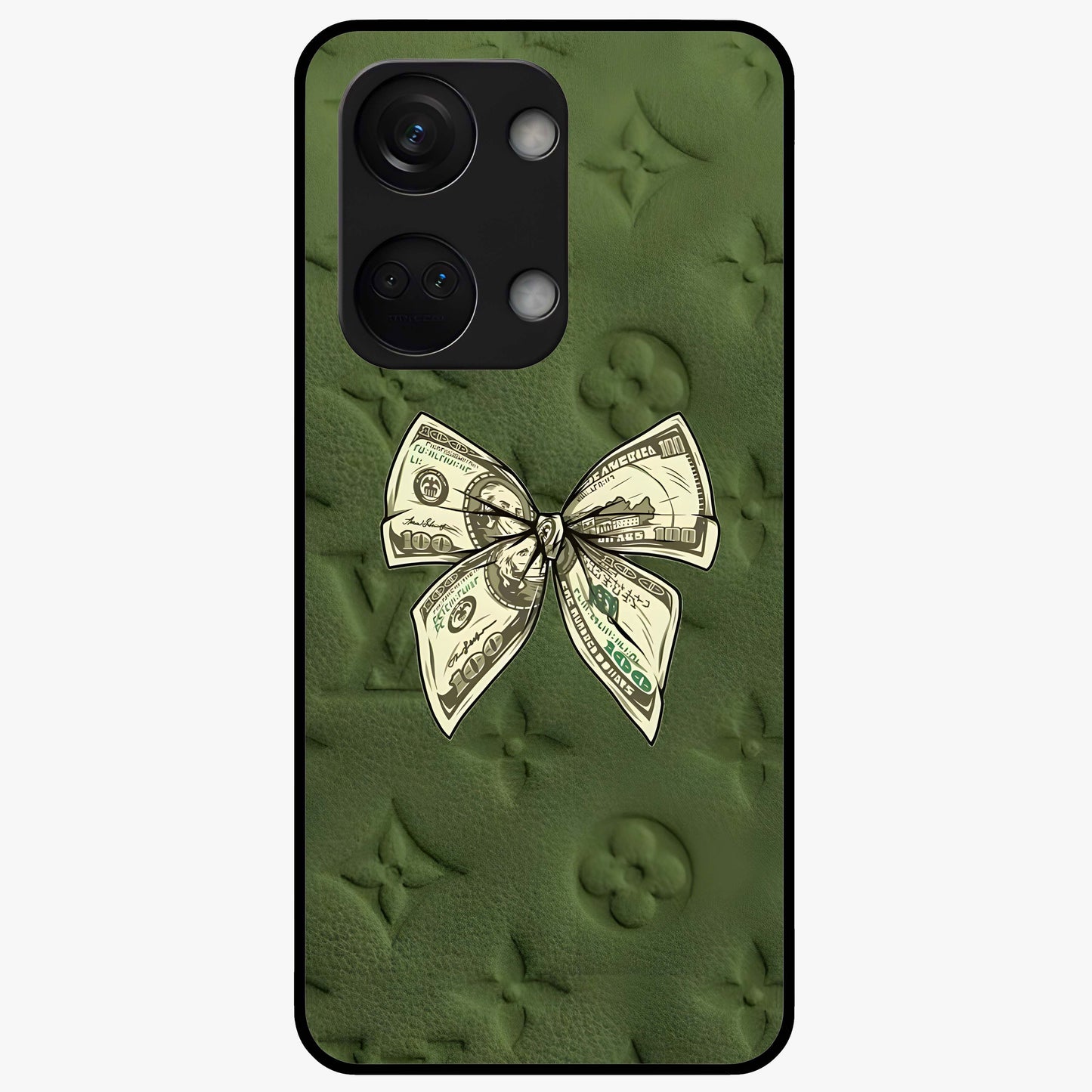 Money Bow Lv Glass Case for 1+Nord 3 luxury inspired front view featuring bold fashion themed artwork