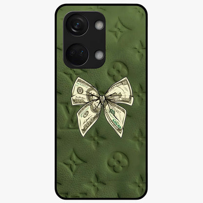 Money Bow Lv Glass Case for 1+Nord 3 luxury inspired front view featuring bold fashion themed artwork