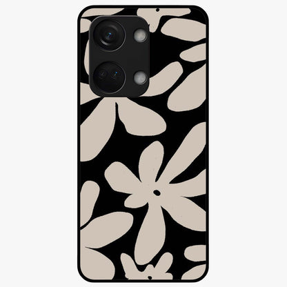 Monochrome Petal Dance Glass Case for 1+Nord 3 artistic front view featuring black and white floral artwork
