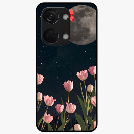 Moonlit Night Tulip Glass Case for 1+Nord 3 serene front view featuring tulip floral artwork in midnight tones