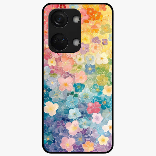 Multiple Background With Flower Glass Case for 1+Nord 3 vibrant front view featuring layered floral artwork on mixed backgrounds