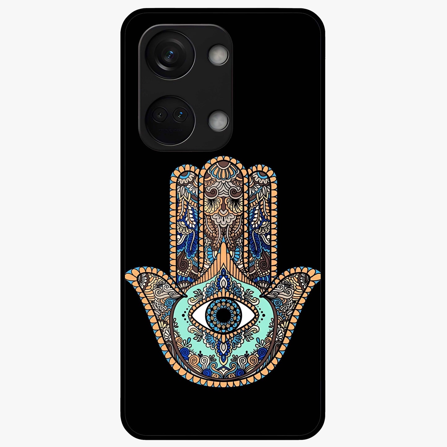 Mystic Hamsa Eye Glass Case for 1+Nord 3 symbolic front view featuring traditional hamsa eye artwork