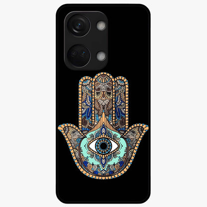 Mystic Hamsa Eye Glass Case for 1+Nord 3 symbolic front view featuring traditional hamsa eye artwork