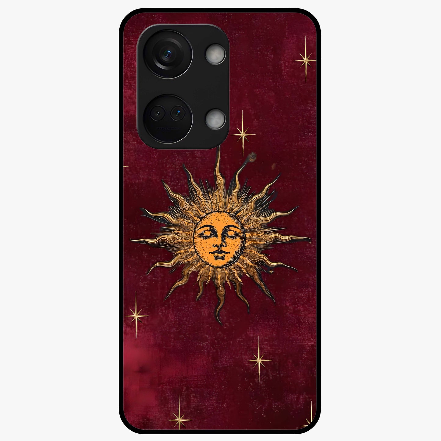Mystic Solar Glow Glass Case for 1+Nord 3 radiant front view featuring glowing sun inspired mystical artwork