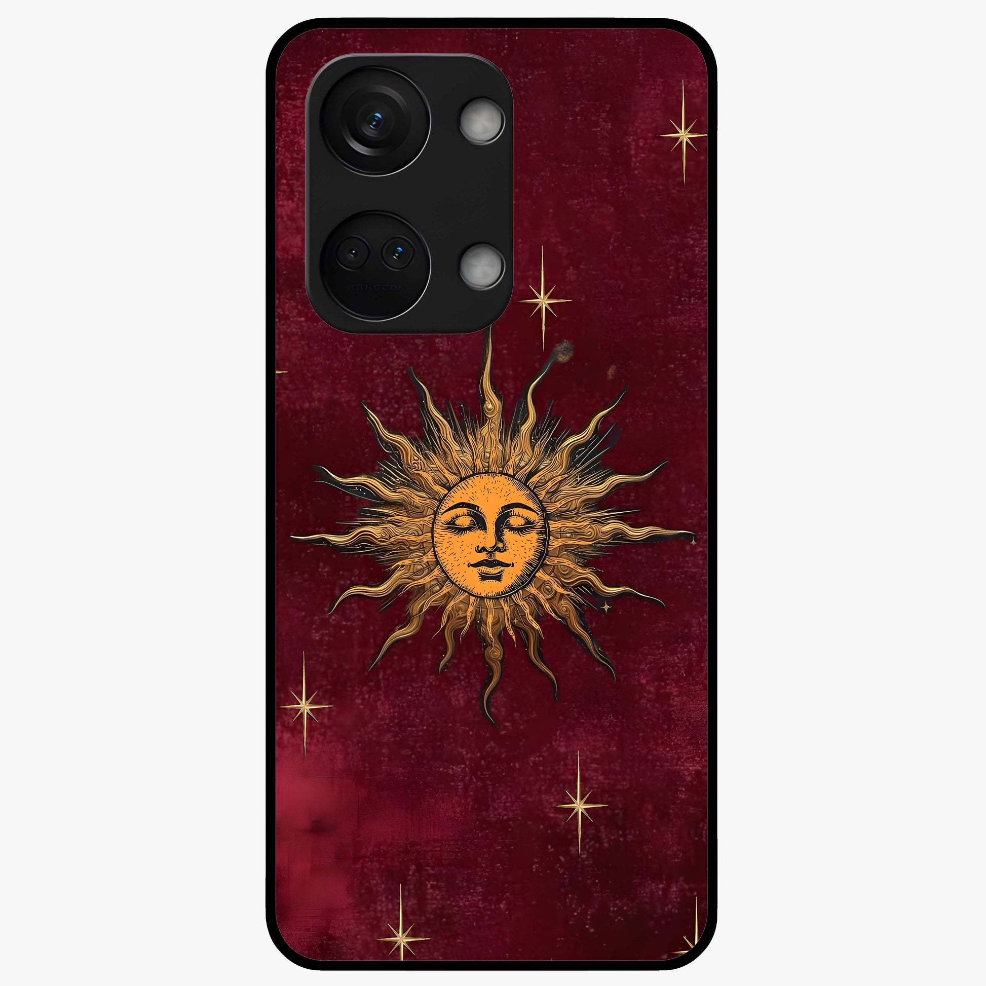 Mystic Solar Glow Glass Case for 1+Nord 3 radiant front view featuring glowing sun inspired mystical artwork