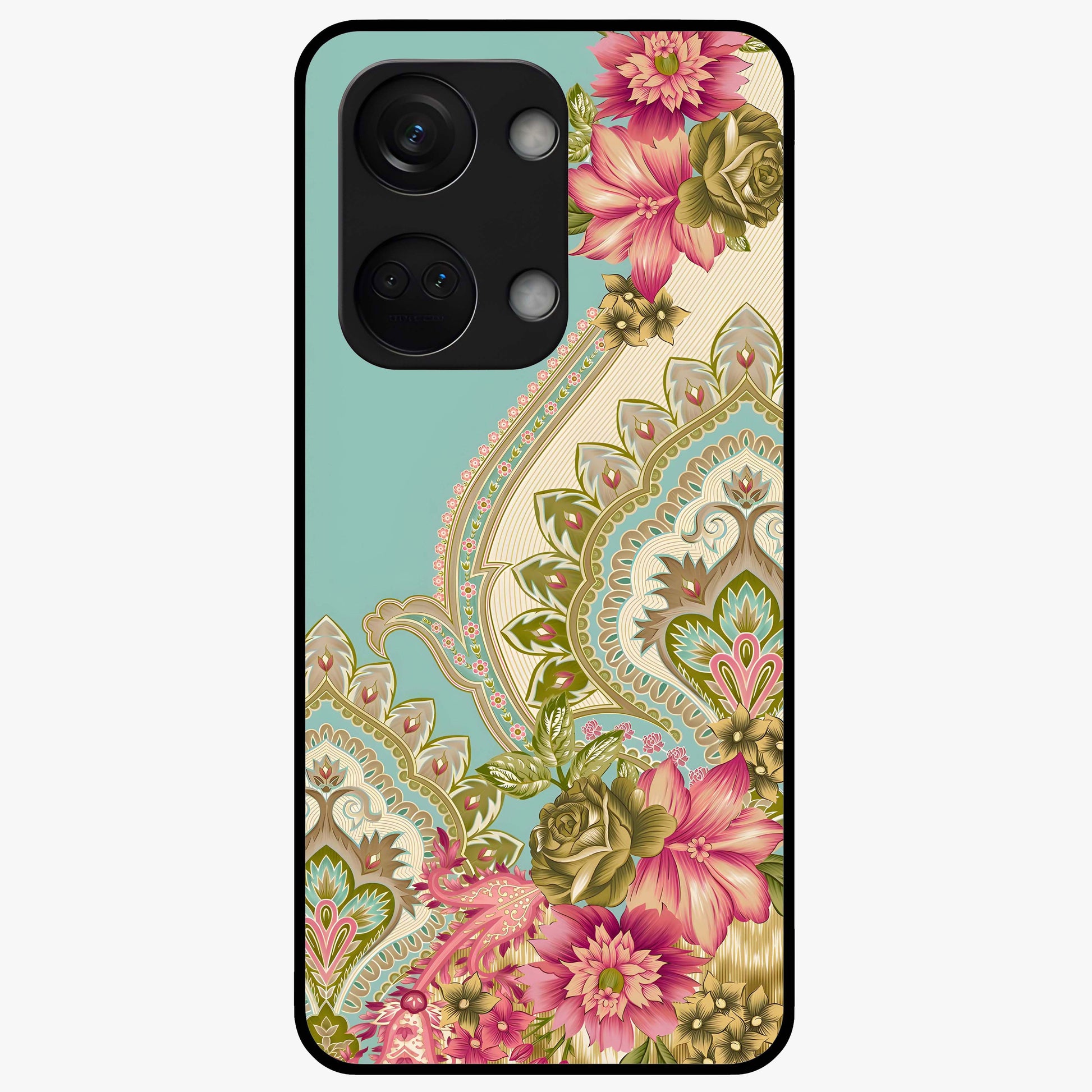 Ornate Mughal Floral Pattern Glass Case for 1+Nord 3 royal front view featuring intricate Mughal inspired floral artwork