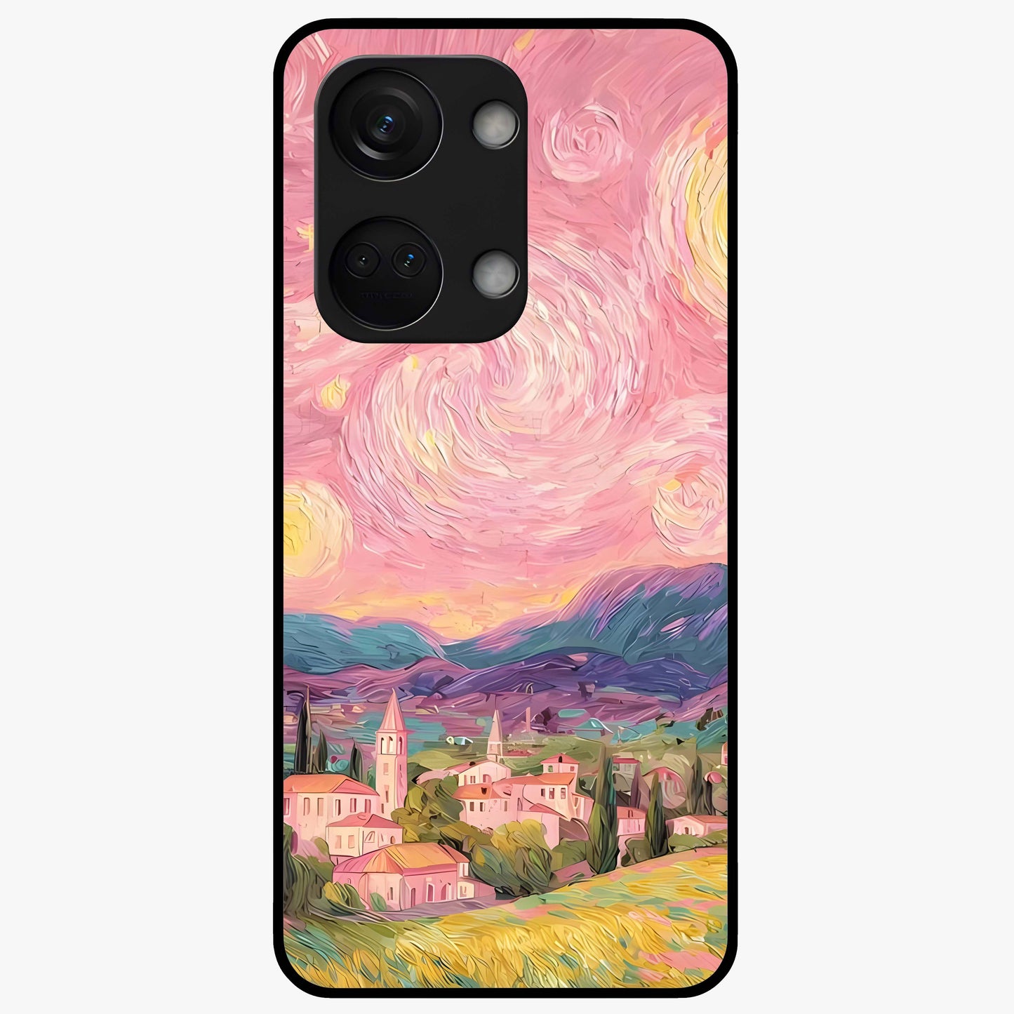 Pastel Starry Village Glass Case for 1+Nord 3 dreamy front view featuring village artwork under pastel night sky