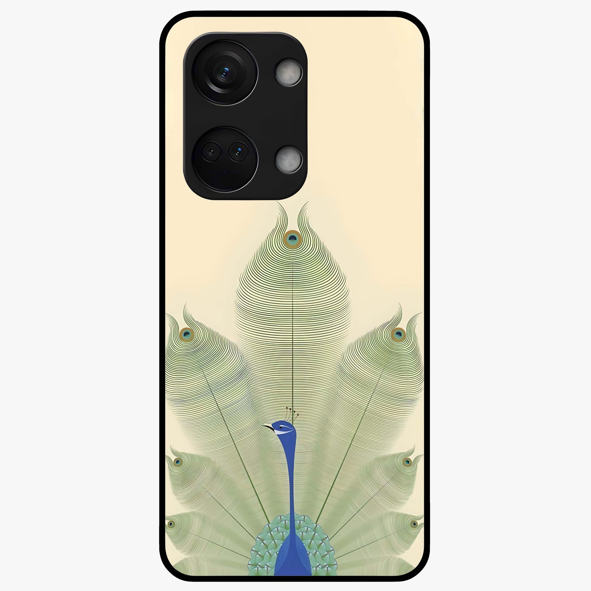 Peacock Feather Grace Glass Case for 1+Nord 3 elegant front view featuring detailed peacock feather artwork