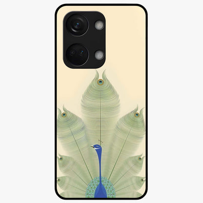 Peacock Feather Grace Glass Case for 1+Nord 3 elegant front view featuring detailed peacock feather artwork