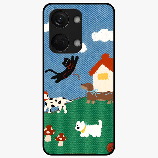 Pet Adventures Glass Case for 1+Nord 3 playful front view featuring cute pet themed artwork