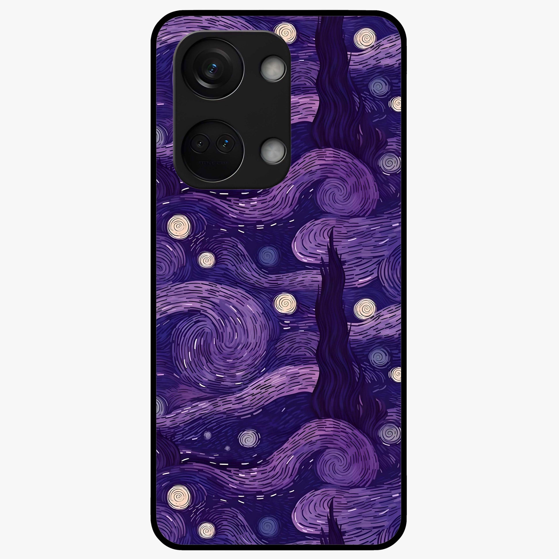 Purple Swirls Glass Case for 1+Nord 3 artistic front view featuring flowing swirl artwork in rich purple tones