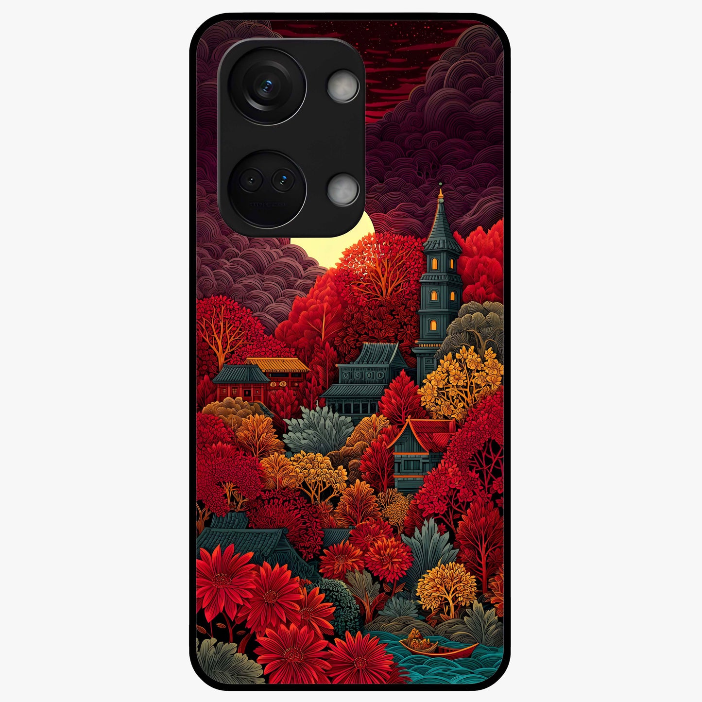 Red Scenery Hot Glass Case for 1+Nord 3 dramatic front view featuring bold red landscape artwork