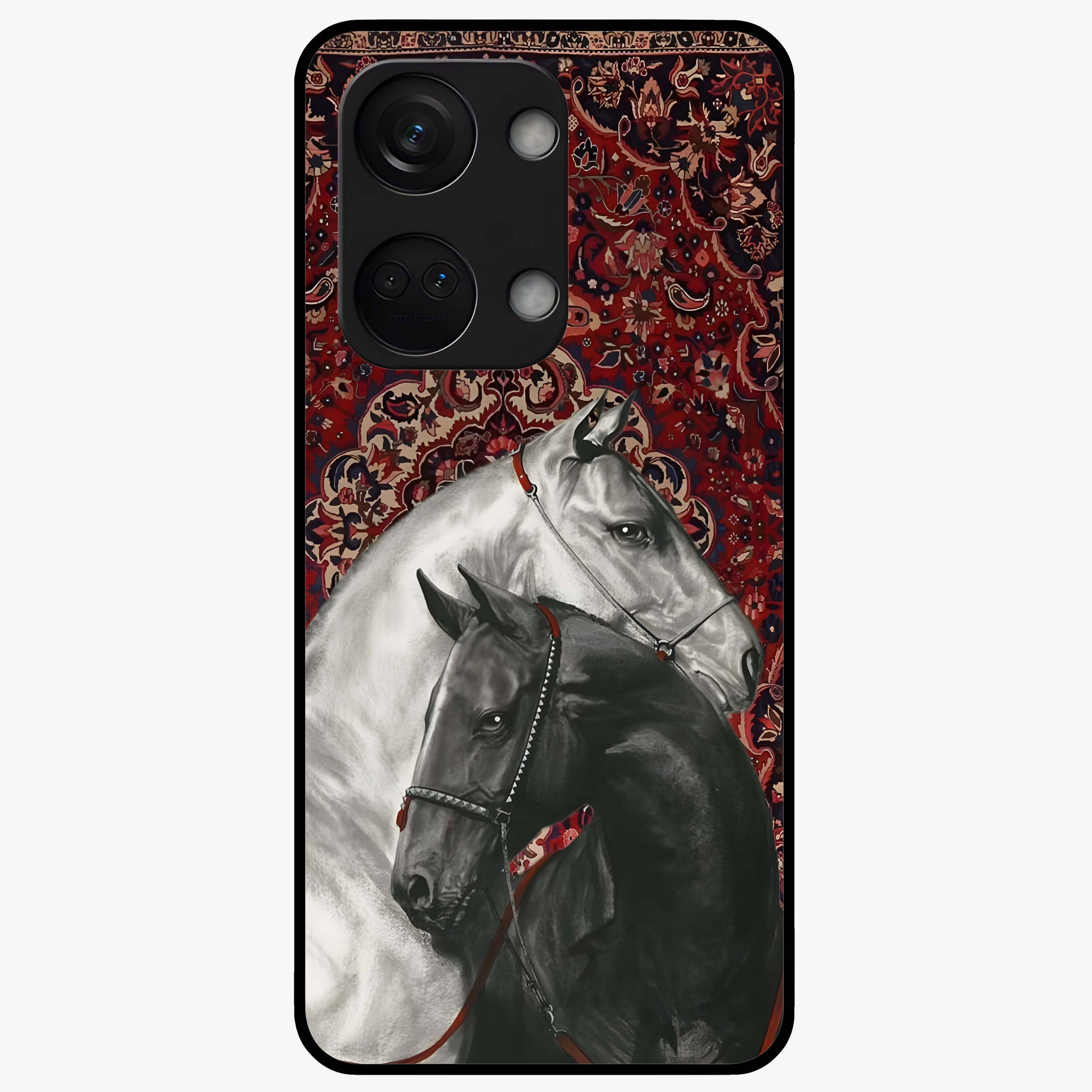 Regal Stallion Tapestry Glass Case for 1+Nord 3 powerful front view featuring majestic horse artwork with tapestry style detailing