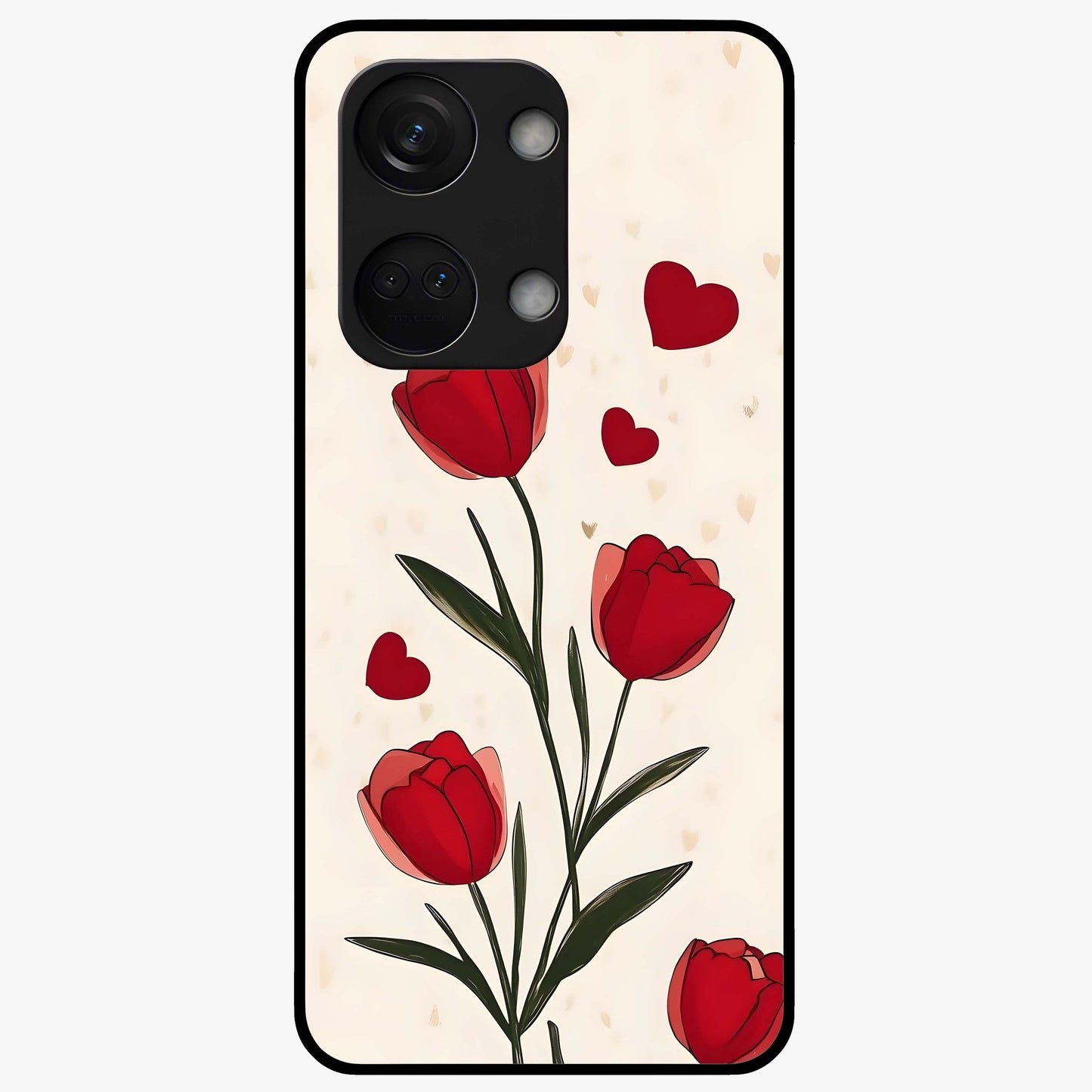 Romantic Tulip Hearts Glass Case for 1+Nord 3 sweet front view featuring tulip floral artwork with heart accents