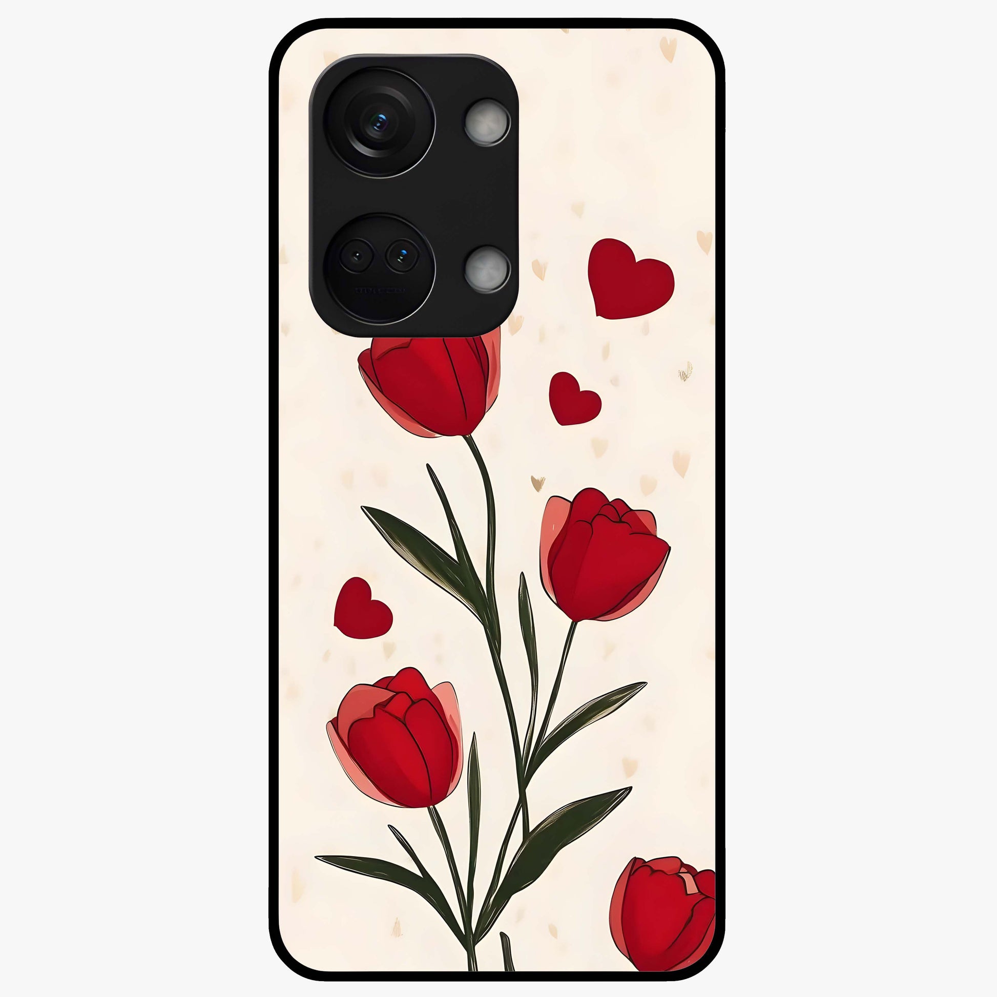 Romantic Tulip Hearts Glass Case for 1+Nord 3 sweet front view featuring tulip floral artwork with heart accents