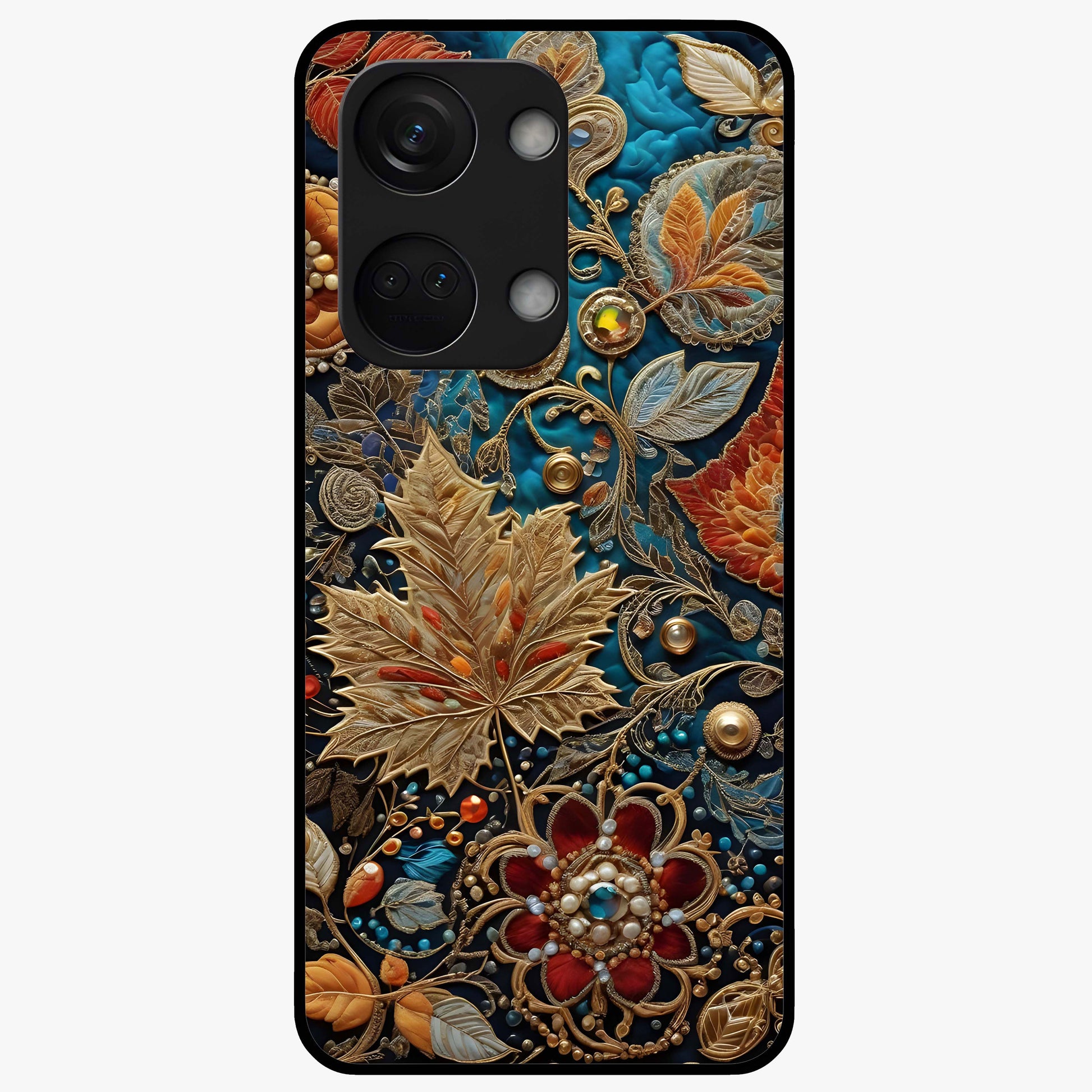 Royal Jewel Garden Glass Case for 1+Nord 3 luxurious front view featuring ornate floral artwork with jewel accents