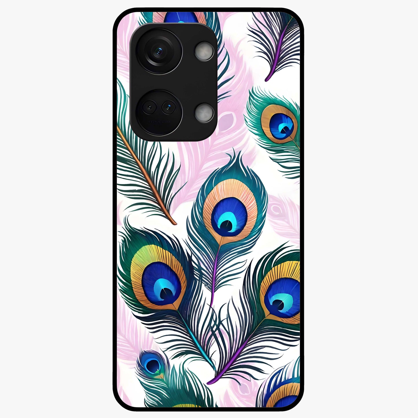 Royal Peacock Feathers Glass Case for 1+Nord 3 vibrant front view featuring detailed peacock feather artwork