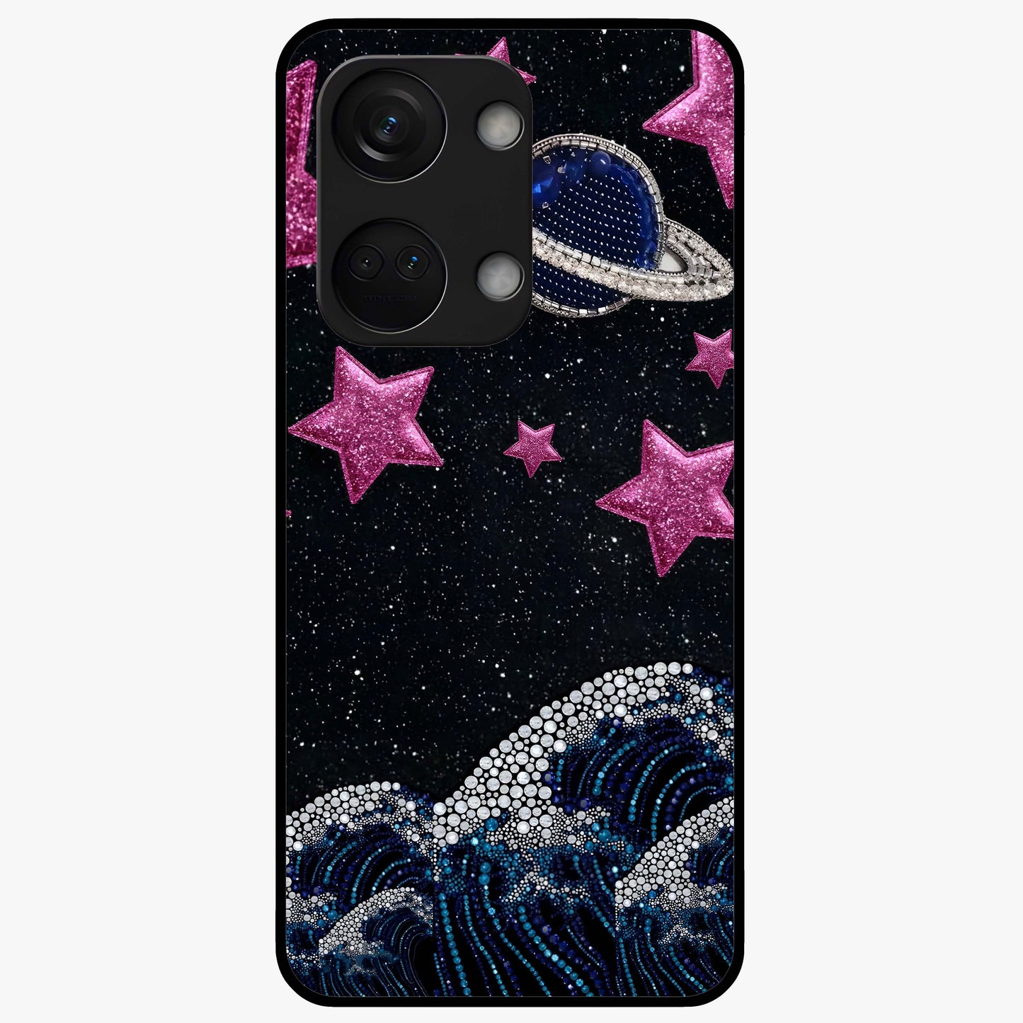 Saturn Pink Storm Glass Case for 1+Nord 3 bold front view featuring cosmic Saturn artwork in vibrant pink tones