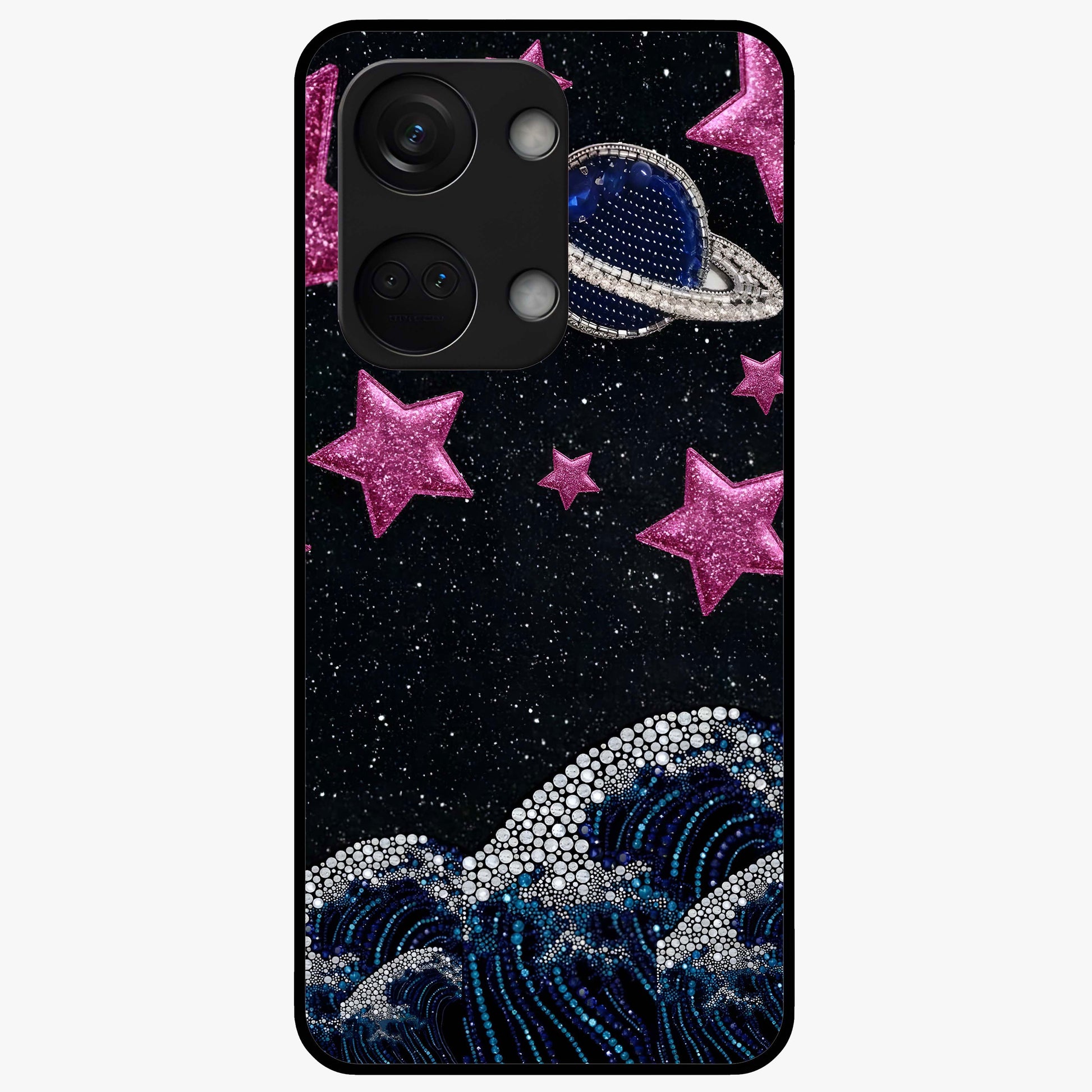 Saturn Pink Storm Glass Case for 1+Nord 3 bold front view featuring cosmic Saturn artwork in vibrant pink tones