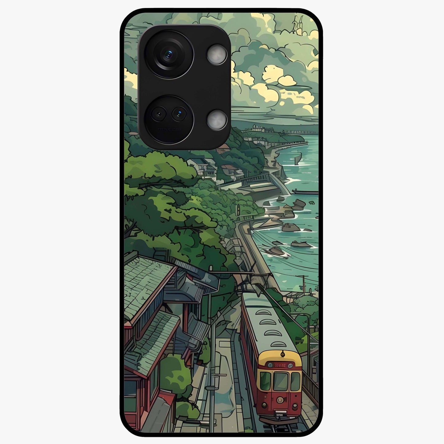 Seaside Train Ride Glass Case for 1+Nord 3 scenic front view featuring coastal train landscape artwork