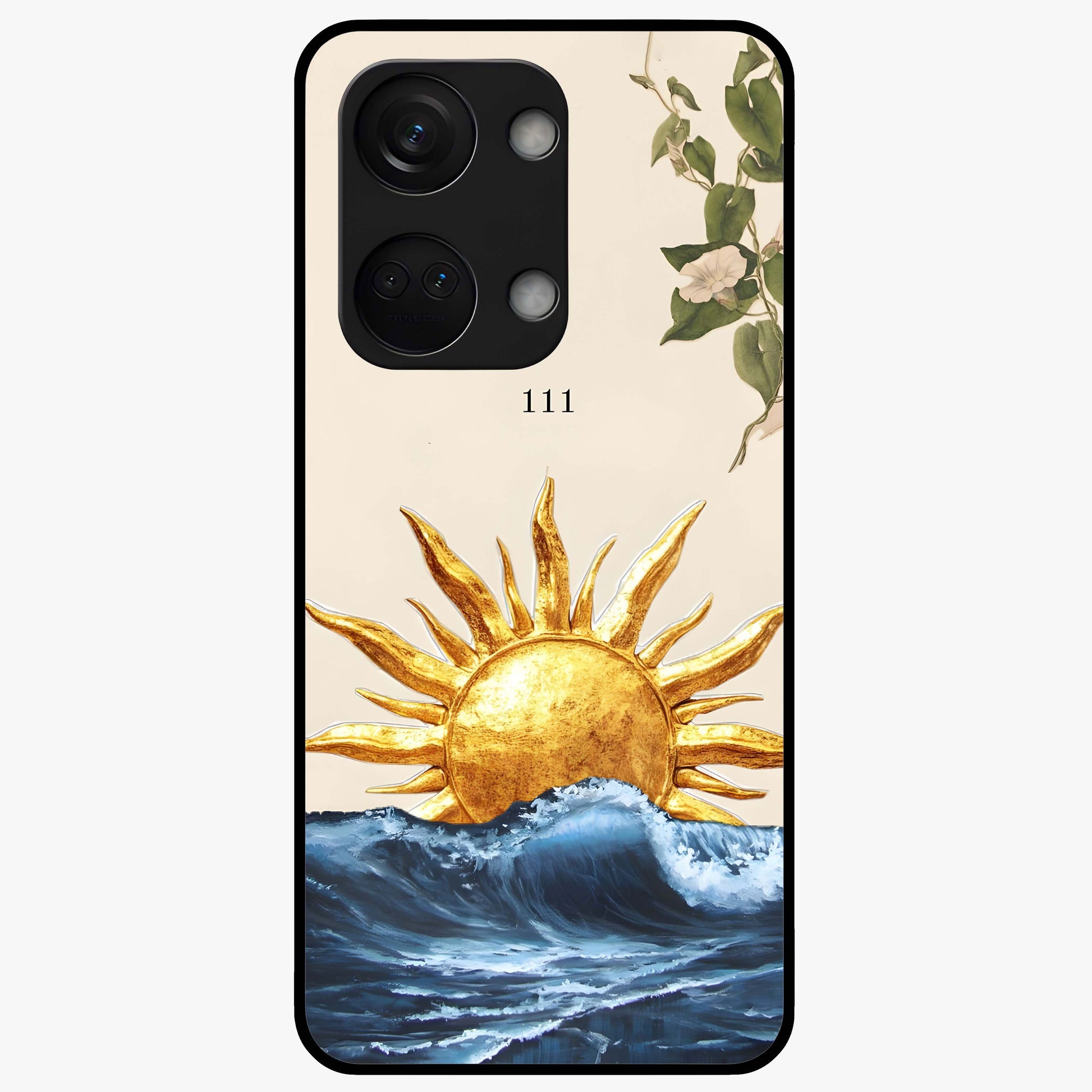 Solar Wave Bloom Glass Case for 1+Nord 3 vibrant front view featuring floral artwork blended with solar wave patterns