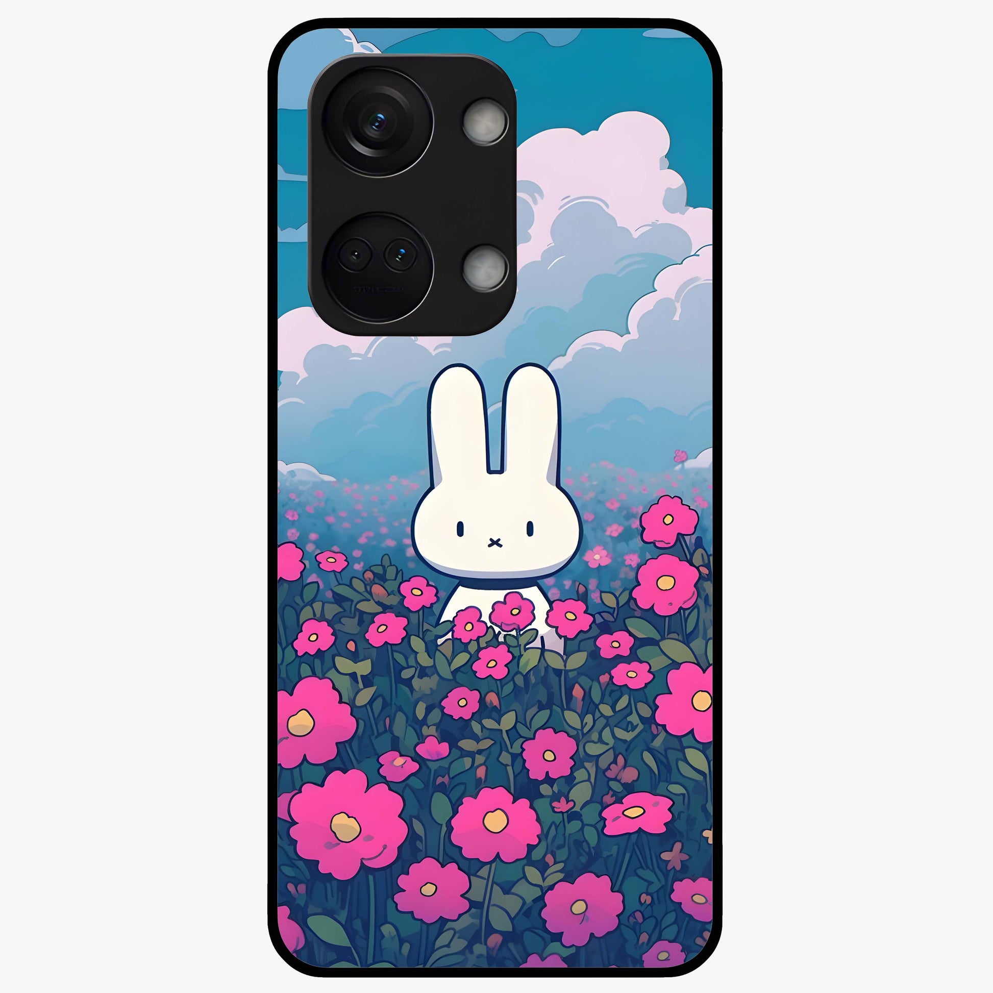 Springtime Blossom Bunny Glass Case for 1+Nord 3 adorable front view featuring bunny artwork with spring floral accents