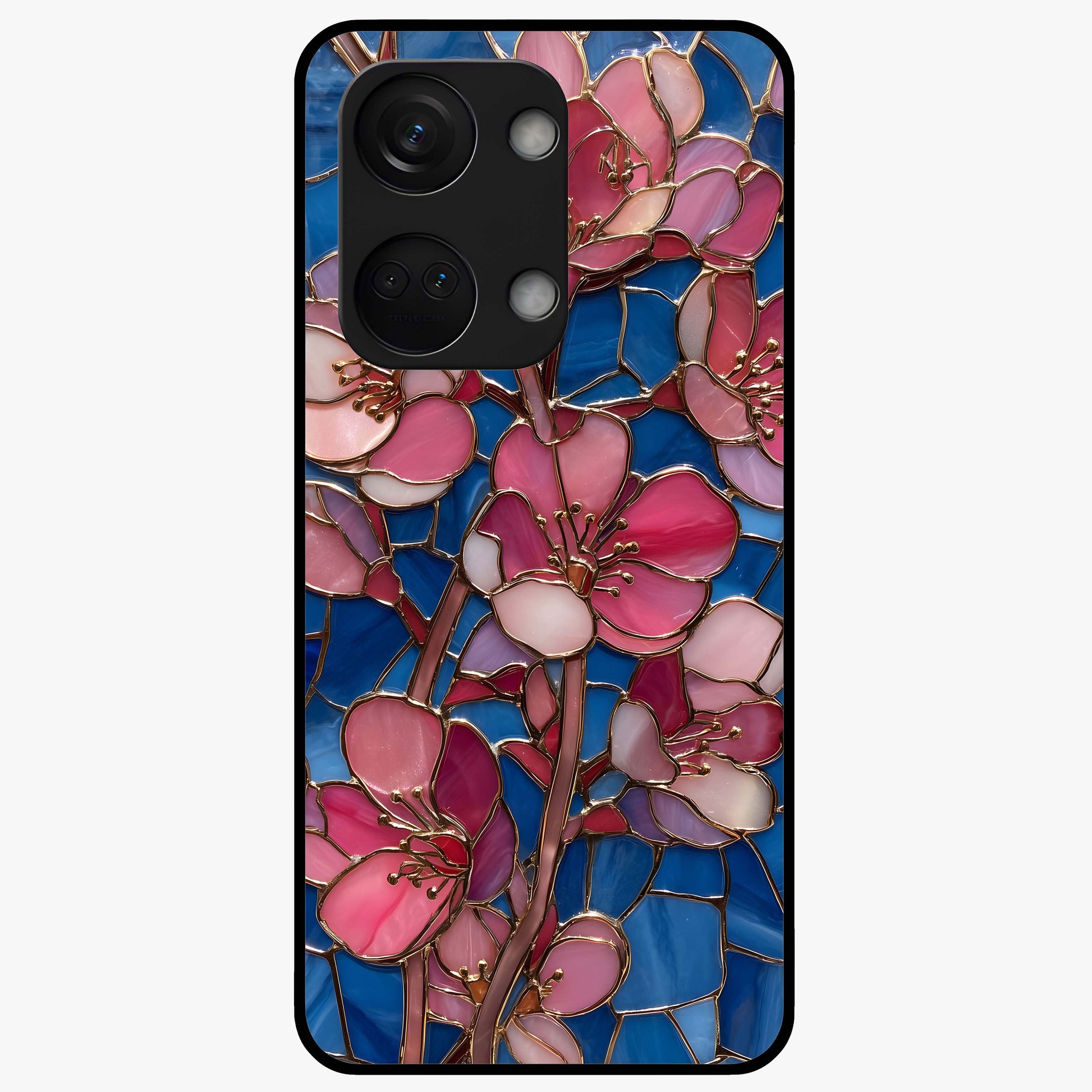 Stained Bloom Grace Glass Case for 1+Nord 3 elegant front view featuring stained glass inspired floral artwork