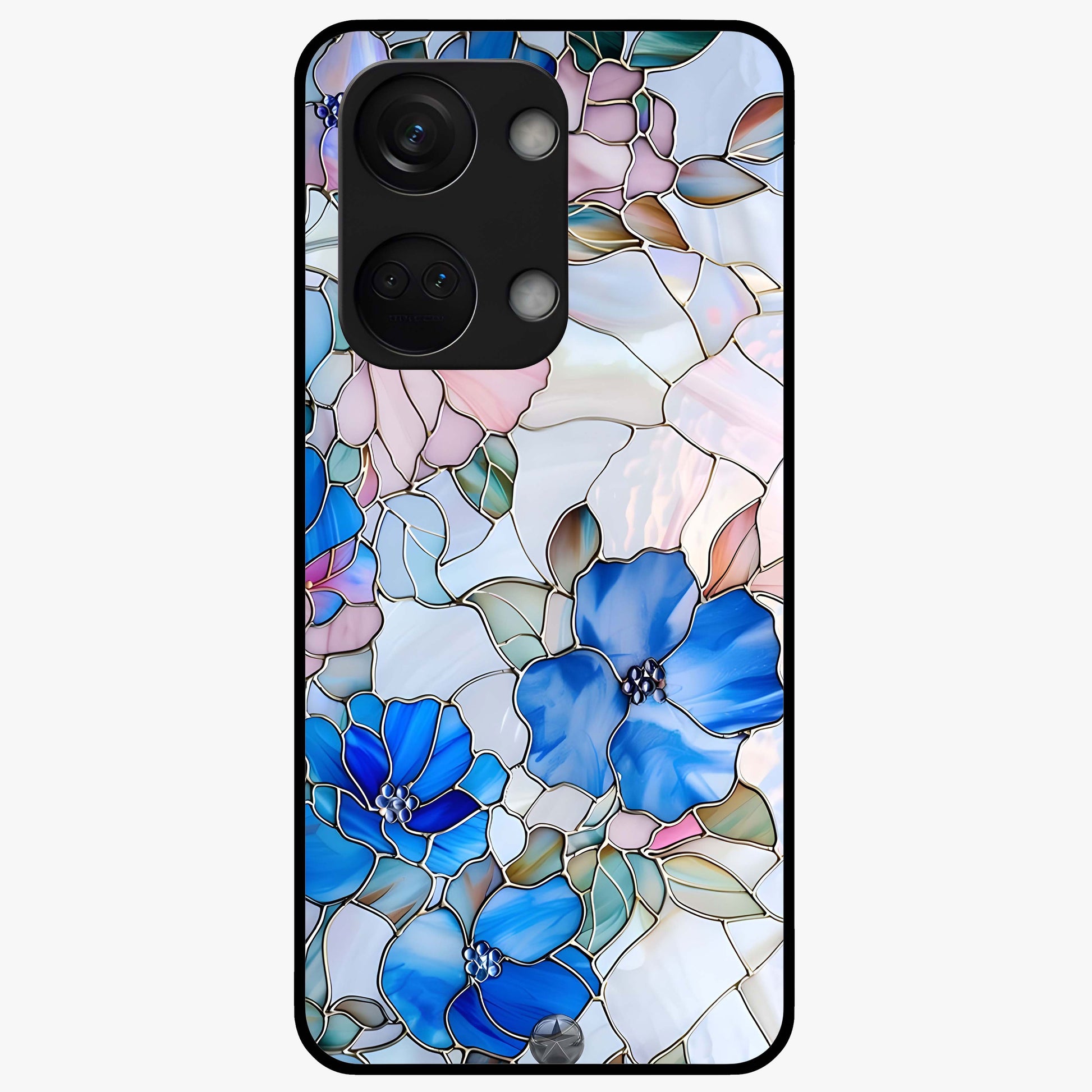 Stained Blue Floral Glass Case for 1+Nord 3 elegant front view featuring blue stained glass inspired floral artwork
