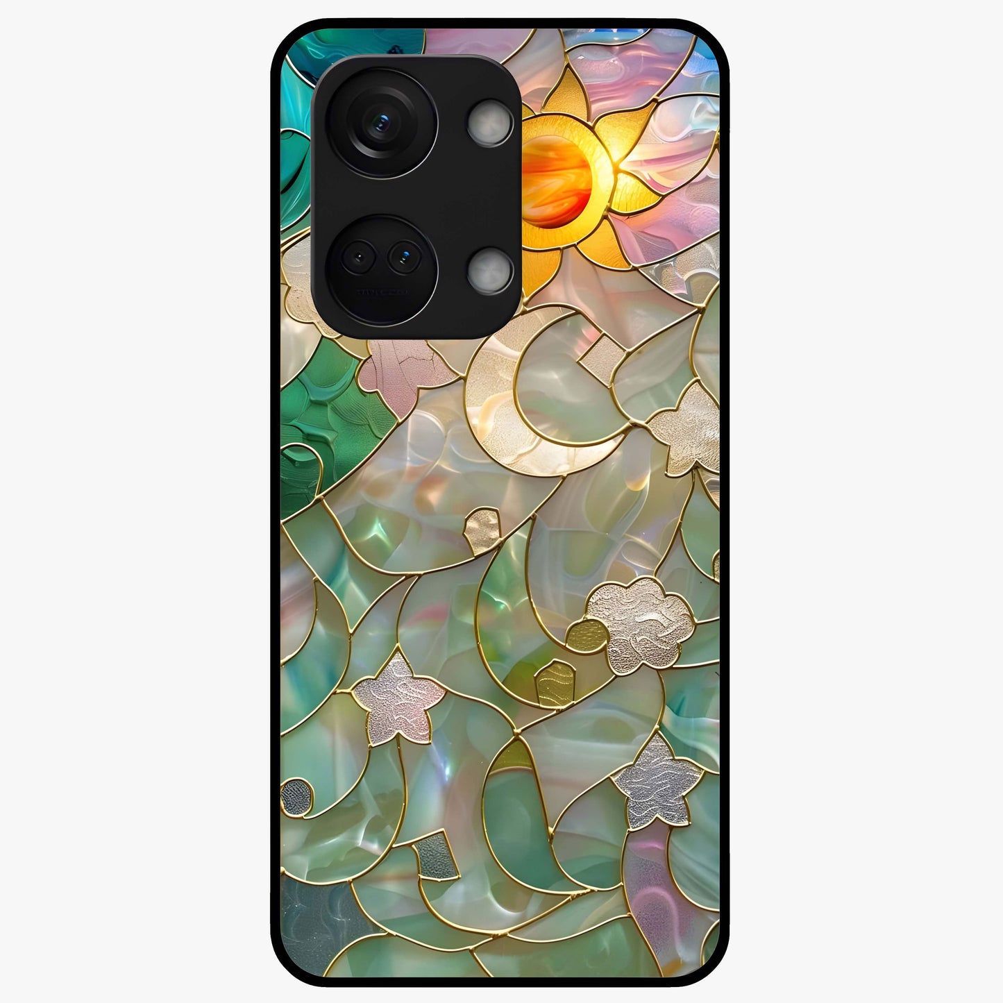 Stained Sunrise Glow Glass Case for 1+Nord 3 radiant front view featuring sunrise inspired stained glass artwork