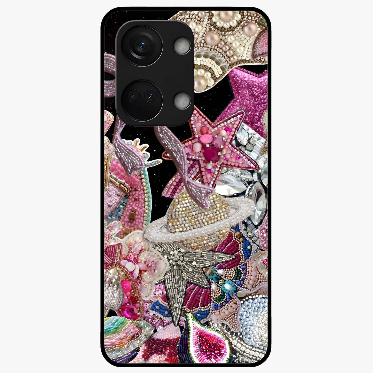 Starlit Jewel Dream Glass Case for 1+Nord 3 luxurious front view featuring jewel inspired artwork with star accents