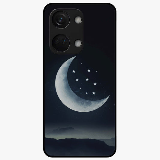 Starry Moon Pattern Glass Case for 1+Nord 3 dreamy front view featuring moon and star patterned artwork