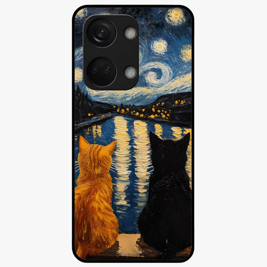 Starry River Cats Glass Case for 1+Nord 3 artistic front view featuring cats by a glowing river under starry sky