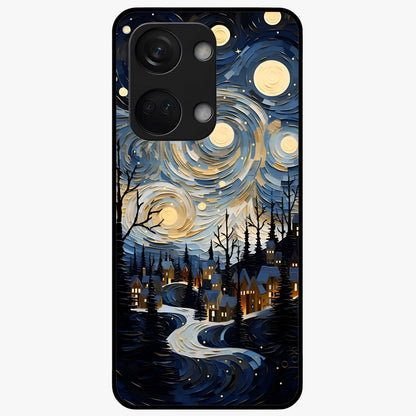 Starry Winter Town Glass Case for 1+Nord 3 scenic front view featuring snowy town artwork under sparkling night sky