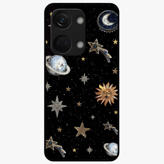 Stars and Planets Brooches Glass Case for 1+Nord 3 elegant front view featuring celestial jewelry inspired artwork
