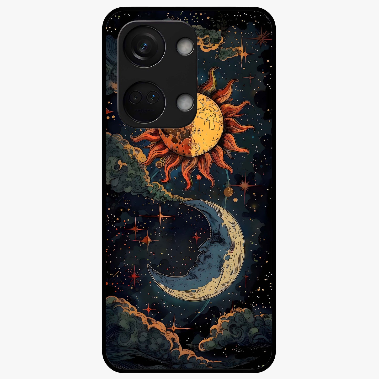 Sun and Moonflowers Glass Case for 1+Nord 3 vibrant front view featuring floral artwork blended with sun and moon elements
