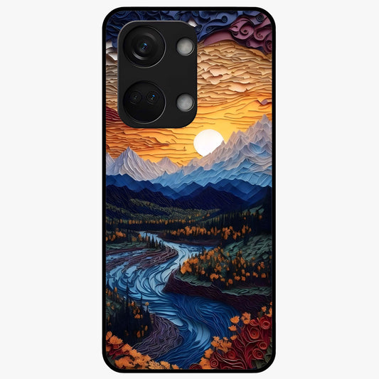 Sunrise River Dreams Glass Case for 1+Nord 3 scenic front view featuring river landscape under glowing sunrise sky